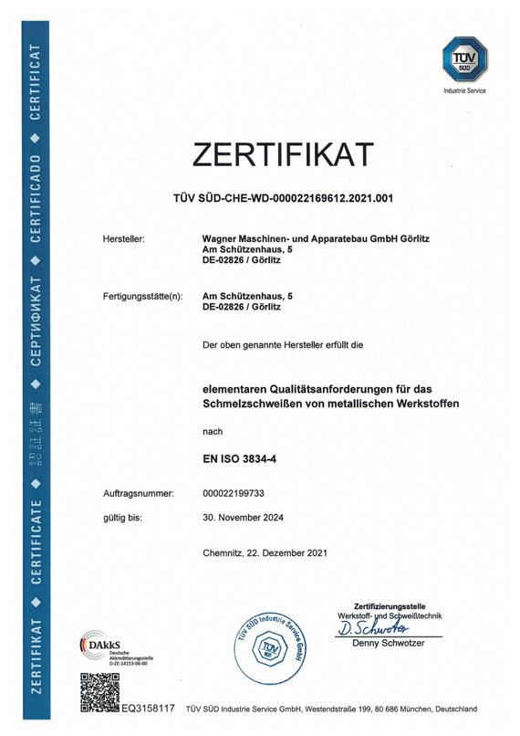 Wagner Maschinen und Apparatebau GmbH | Zertifikat-DIN-EN-ISO-3834-4