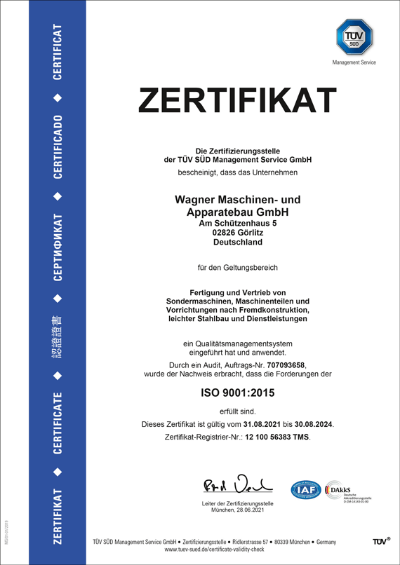 Wagner Maschinen und Apparatebau GmbH | Zertifikat-ISO-9001-2015